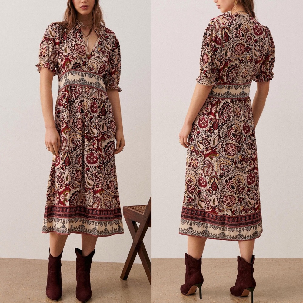 ba&sh Paisley Midi Dress in Cream and Burgundy